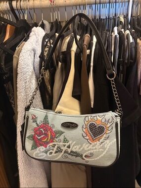 Ed Hardy Light Blue Embroidered Rose & Heart Shoulder Bag with Chain Strap